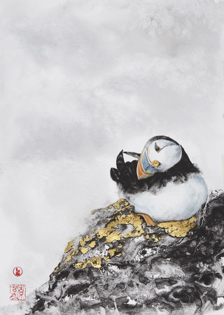 Macareux-I-Aquarelle et feuilles d'or-Encadrée noir- 2024- Available