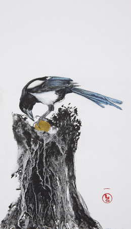 Pie-I-Aquarelle et pigments dorés- 16/25cm-encadré caisse américaine noire-2024-Available